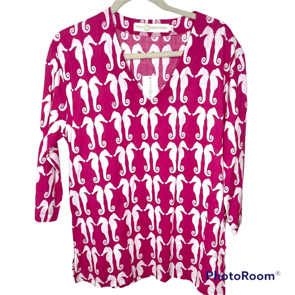 NWT Tracy Negoshian Pink White Cotton Seahorse Tunic Top M‎
